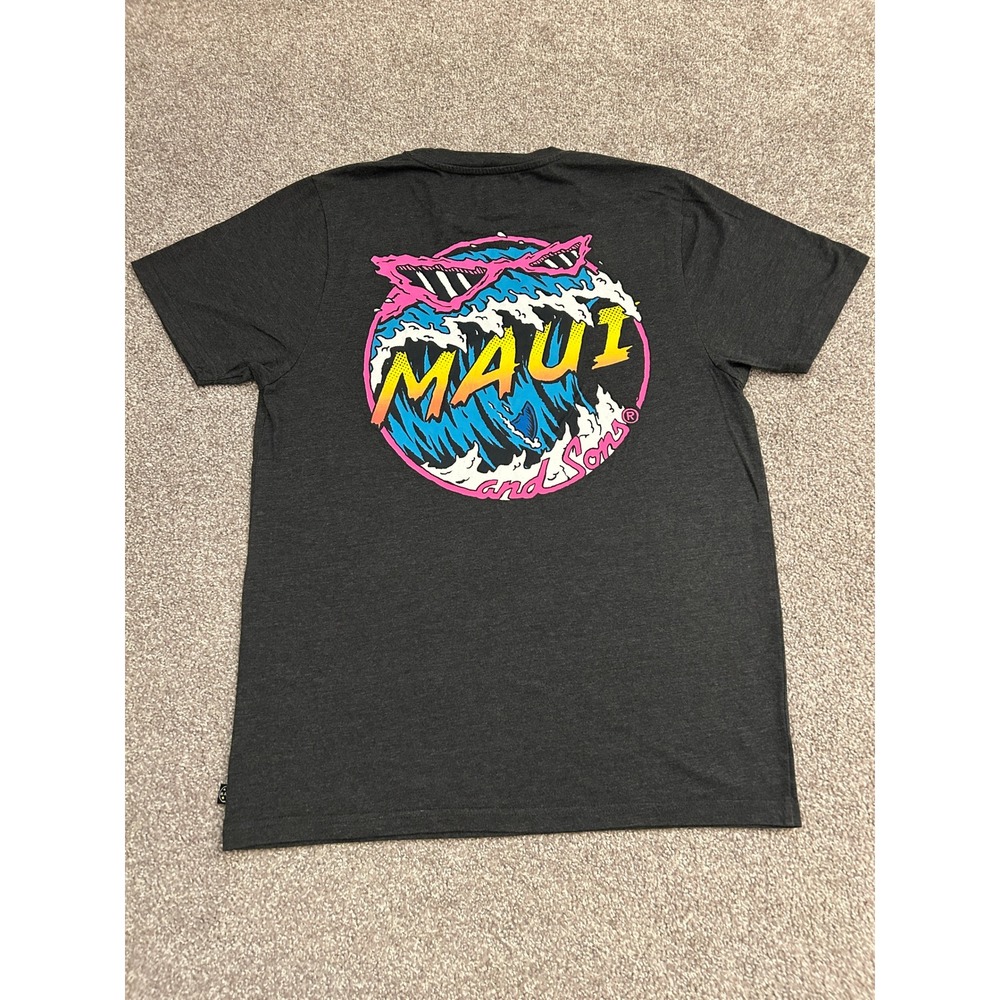 Maui and Sons Graphic T-Shirt Mens Medium Gray Excellent Neon Surf Wave Tee